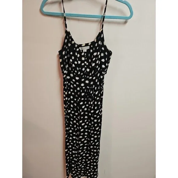Aeropostale Black Midi Spagetti Strap Dress With Front Slit & Daisies Size M - Picture 2 of 5